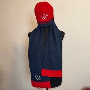 USA OLYMPICS Reversible Beanie Hat Scarf Set Red White Blue Unisex